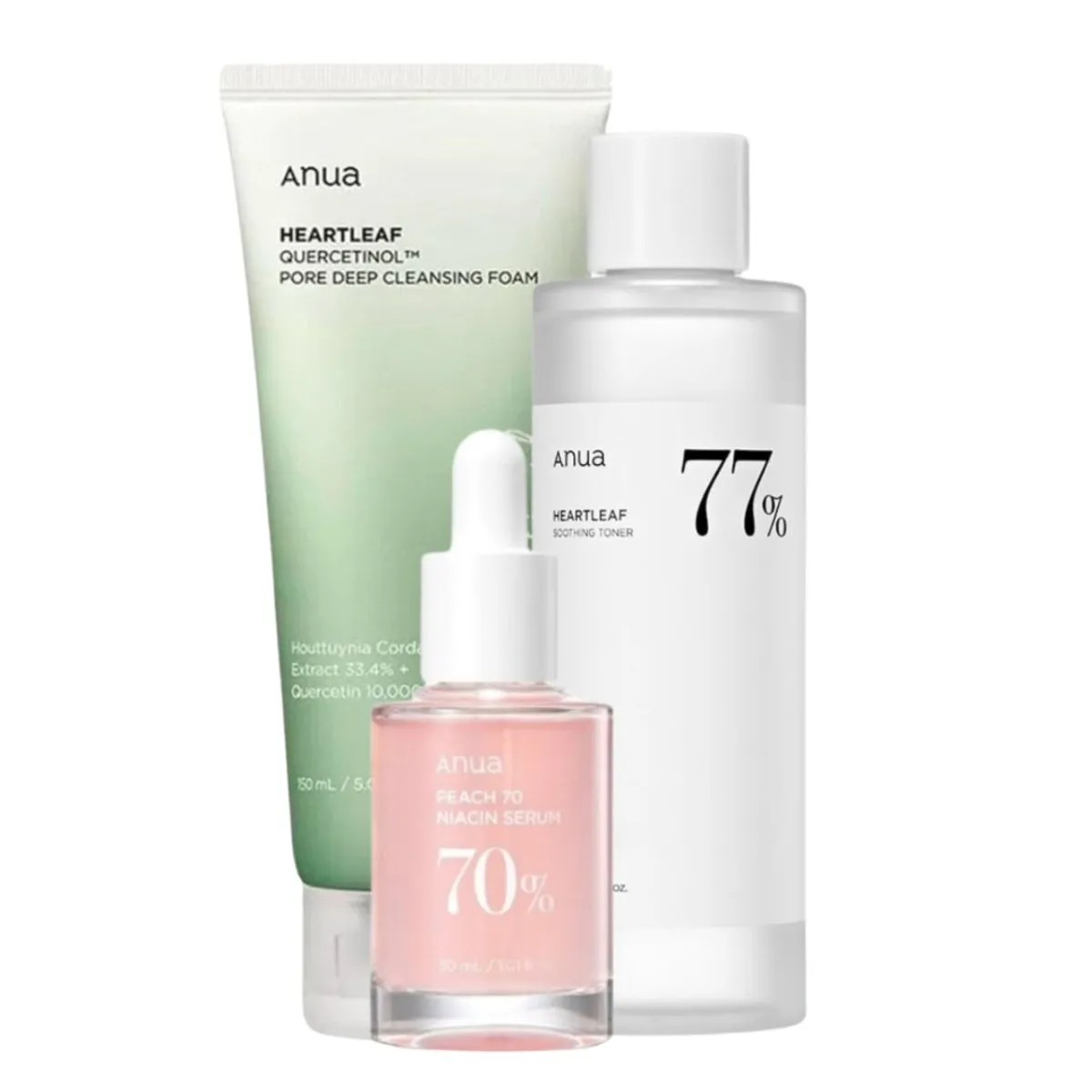 ANUA Quercetinol Pore Deep Cleansing Foam, Heartleaf 77% Soothing Toner & 70% Niacinamide SerumSet
