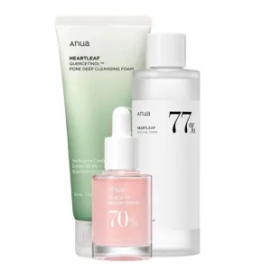 ANUA Quercetinol Pore Deep Cleansing Foam, Heartleaf 77% Soothing Toner & 70% Niacinamide SerumSet