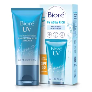 Bioré UV Aqua Rich SPF 50 PA     Japanese Daily Moisturizer Sunscreen for Face, For Sensitive Skin, Oil Free, Hyaluronic Acid, Vegan, Oxybenzone & Octinoxate Free, Dermatologist Tested, 1.7 Oz SPF50 1.7 Fl Oz (Pack of 1)