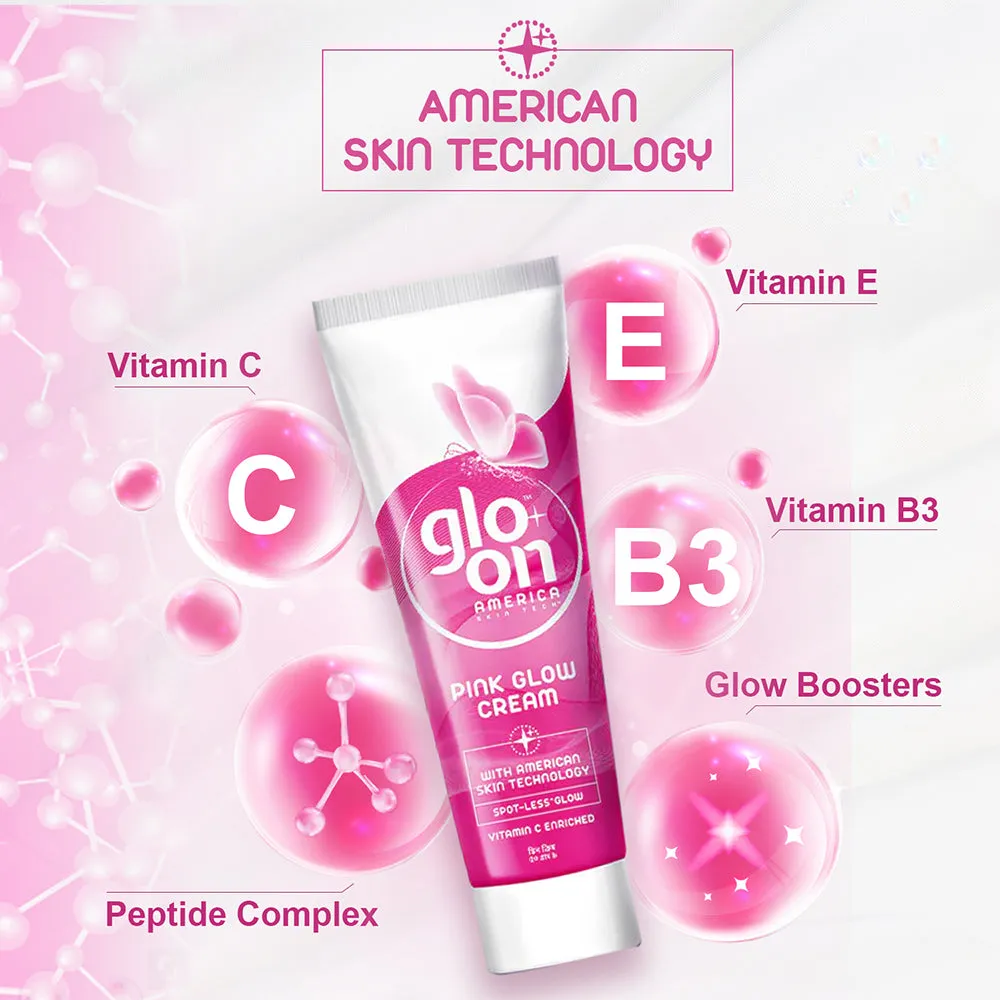 Glo On Pink Glow Cream with American Skin Technology , Enriched with Vitamin C,E, B3 & Glow Boosters, For Bright, Glowing, Spot Less Skin, Sun Protection, All Skin Types (50gm)