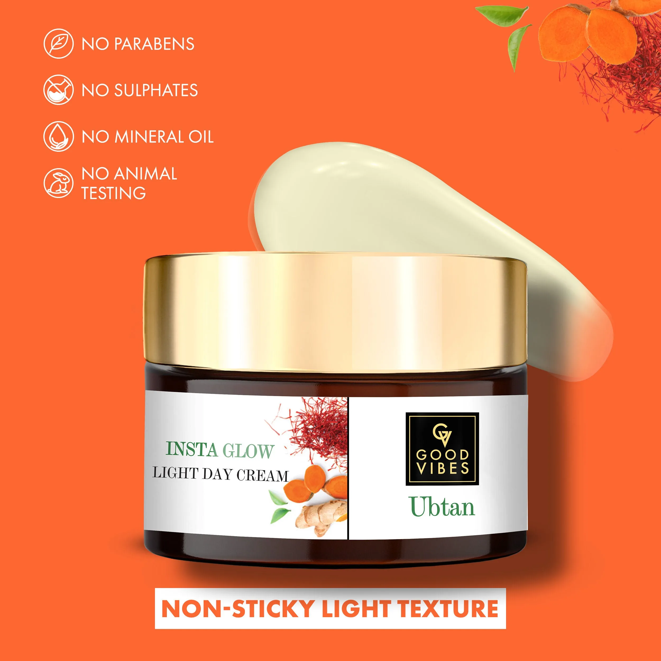 Good Vibes Ubtan Insta Glow Light Day Cream | Brightening, Moisturizing, Hydrating | No Parabens, No Sulphates, No Mineral Oil, No Animal Testing (50 g)
