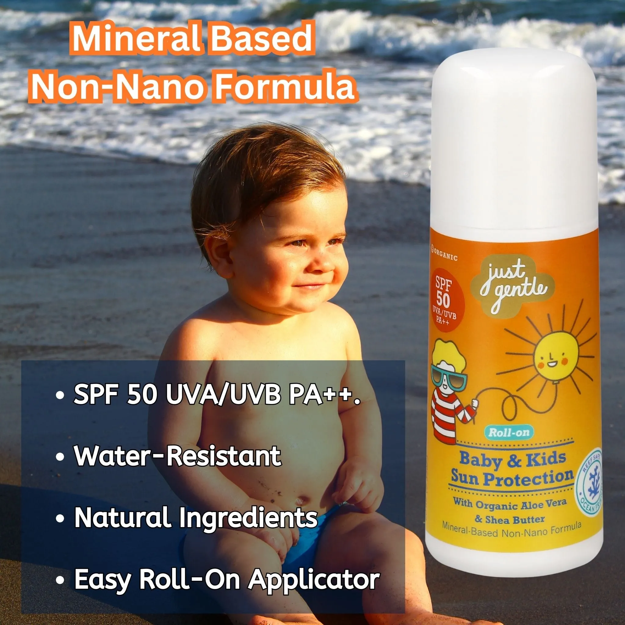 Just Gentle Baby & Kids Sun Protection Roll On applicator SPF50 | Mineral Base & Non Nano