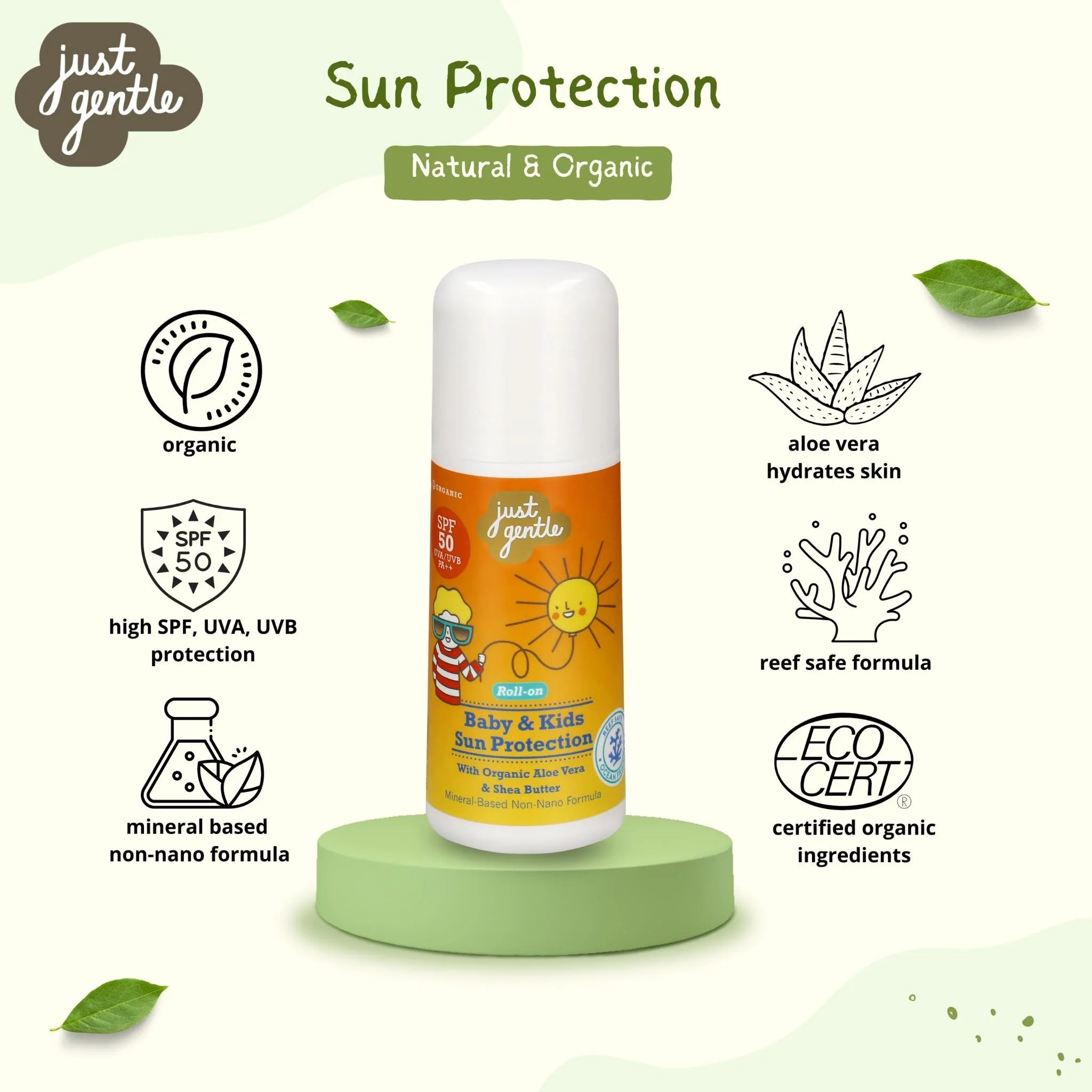 Just Gentle Baby & Kids Sun Protection Roll On applicator SPF50 | Mineral Base & Non Nano