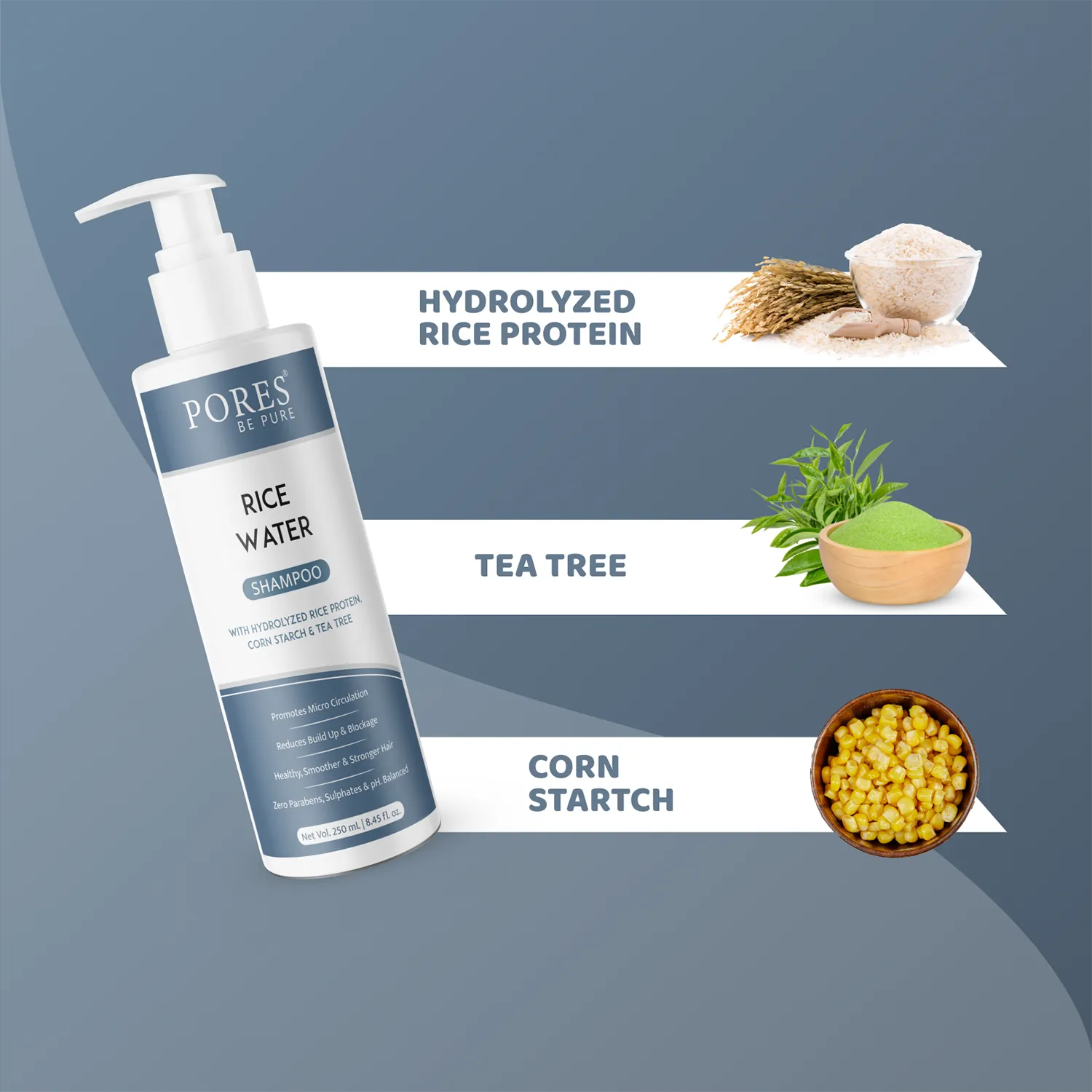 RICE WATER SHAMPOO - With Hydrolyzed Rice Protein, Corn Starch & Tea Tree - 250 mL